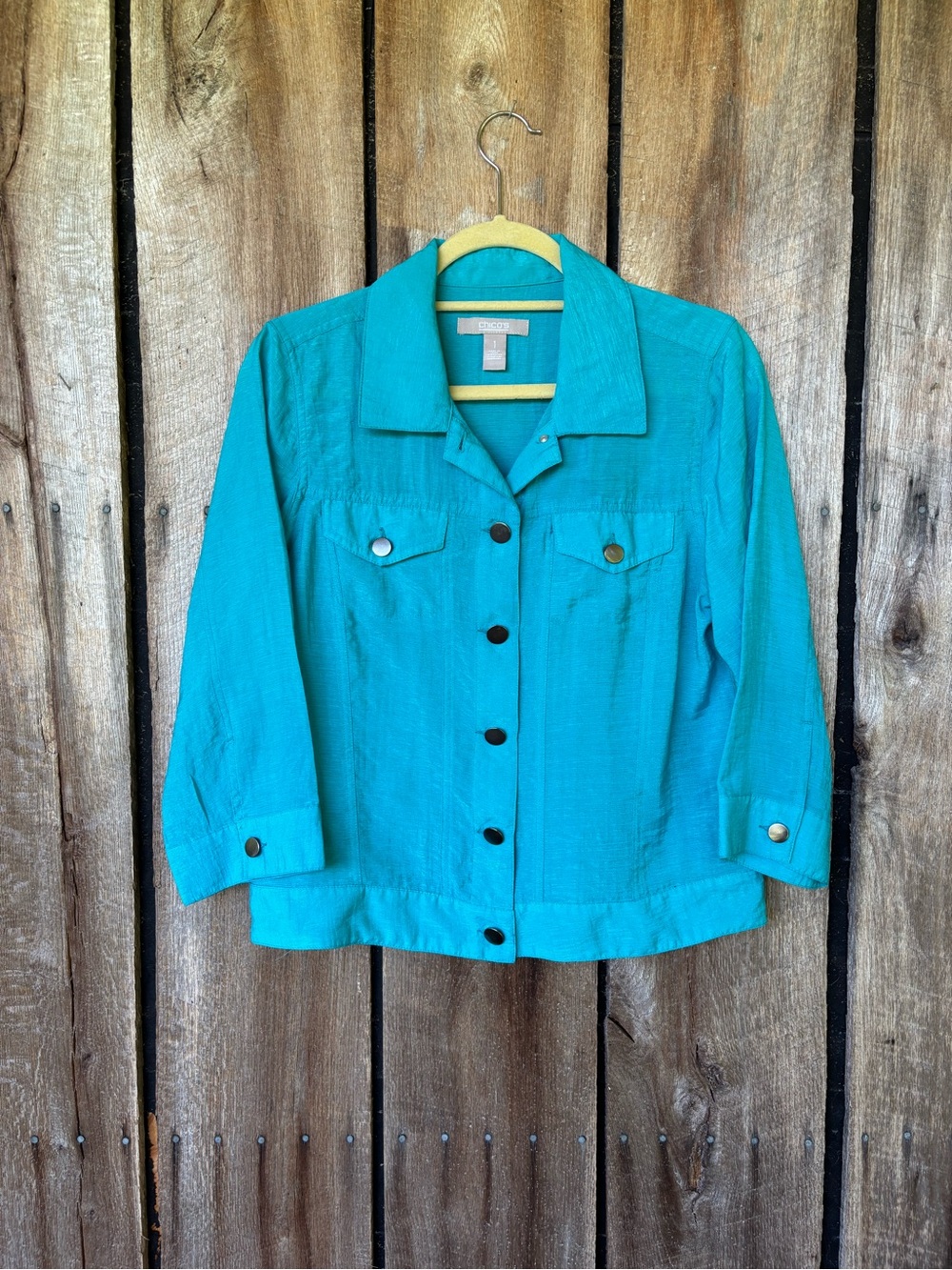 Chico's Size 1 M Turquoise Teal Lightweight Snap Front Shirt Jacket 3/4 Sleeve - Picture 2 of 6